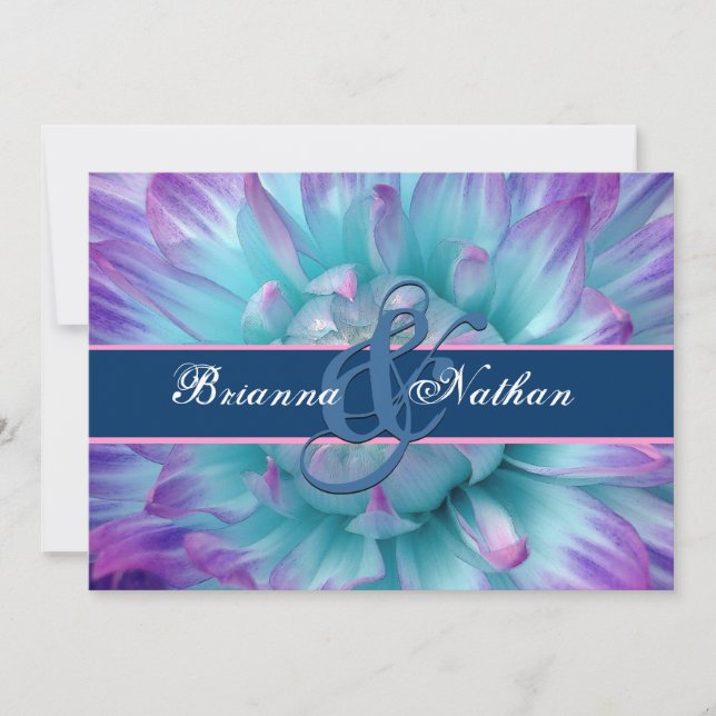 Aqua and Purple Flower Petals  and Ribbon Wedding Invitation (Front)