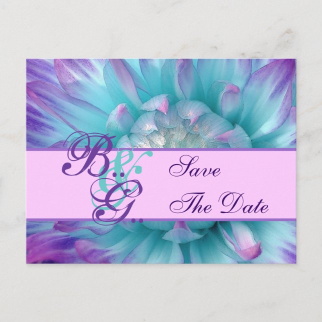 Aqua and Purple Flower Petals Save the  Date Announcement Postcard (Front)