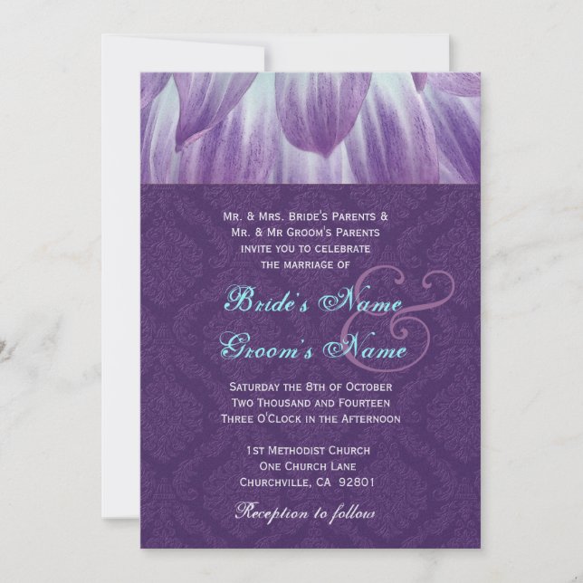 Aqua and Purple Flower Petals Wedding Metallic Invitation (Front)