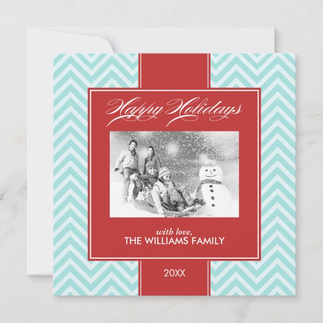 Aqua and Red Chevrons Custom Holiday Cards (Front)