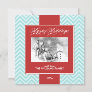 Aqua and Red Chevrons Custom Holiday Cards