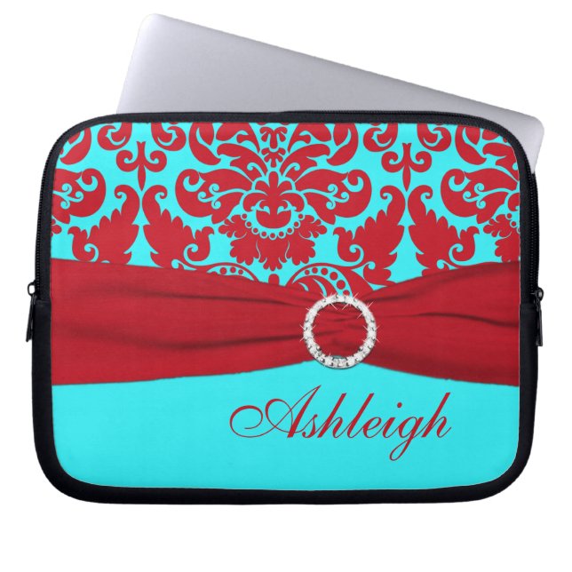 Aqua and Red Damask FAUX Ribbon Laptop Sleeve (Front)