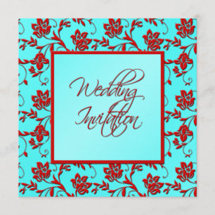 Aqua and Red Floral Wedding Invitation