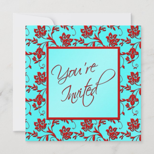 Aqua and Red Floral "You're Invited" Invitation (Front)