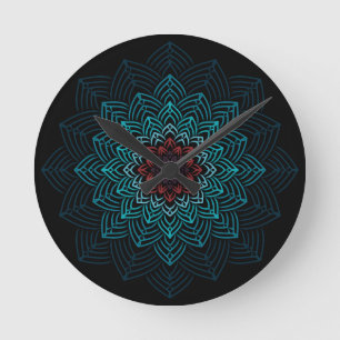 Aqua and Red Flower Mandala Round Clock