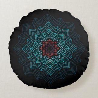 Aqua and Red Flower Mandala Round Cushion