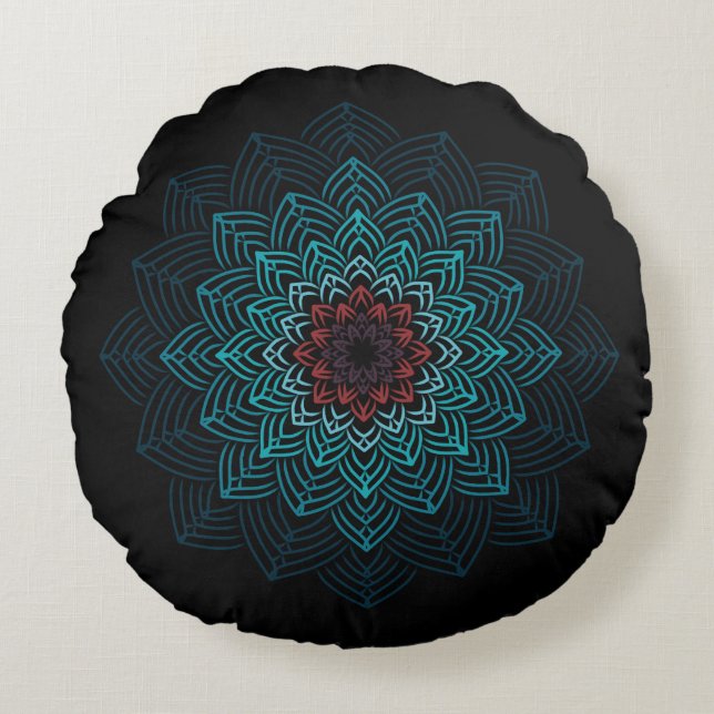 Aqua and Red Flower Mandala Round Cushion (Front)