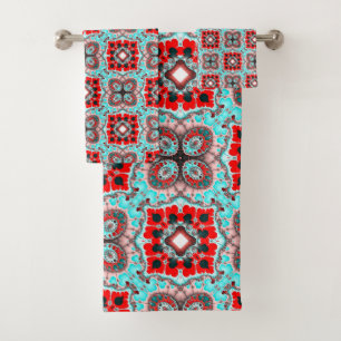 Aqua and Red Tile Pattern Bath Towel Set