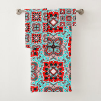 Aqua and Red Tile Pattern Bath Towel Set