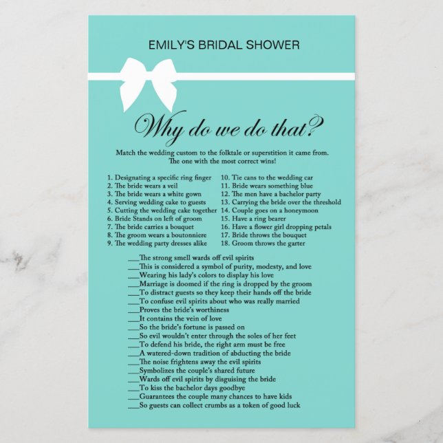 Aqua and Ribbon Bridal Shower Game PRINTED (Front)