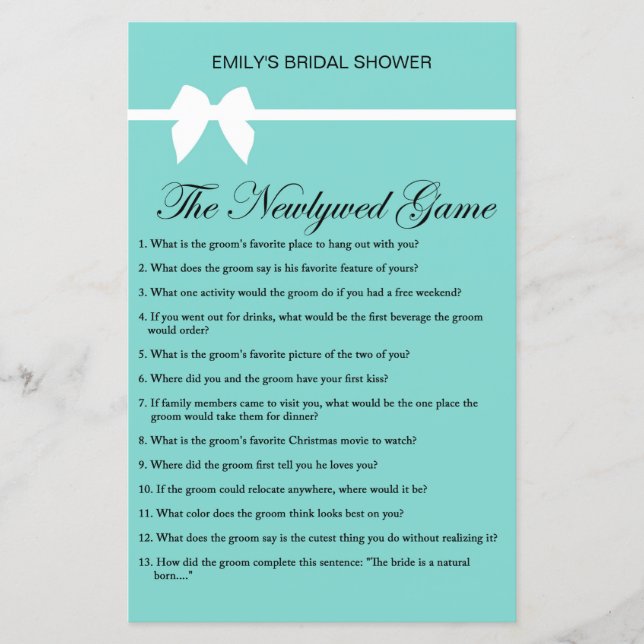 Aqua and Ribbon Bridal Shower Game PRINTED (Front)
