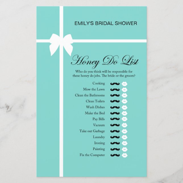 Aqua and Ribbon Bridal Shower Game PRINTED (Front)