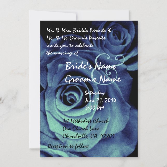 Aqua and Royal Blue Roses Wedding Invitation (Front)
