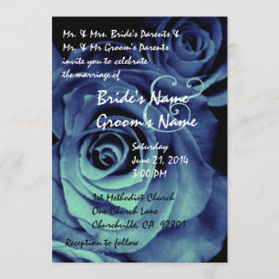 Aqua and Royal Blue Roses Wedding Invitation