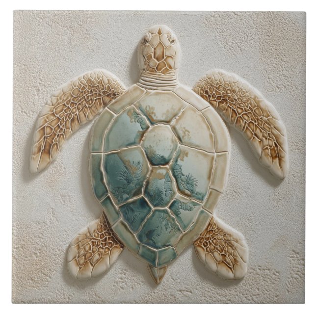 Aqua and Sand Coastal Sea Turtle Art Tile (Front)