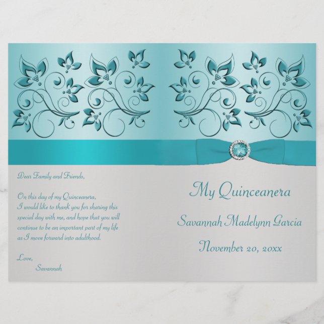 Aqua and Silver Floral Quinceanera Program (Front)
