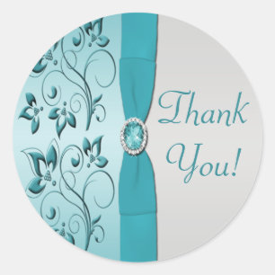 Aqua and Silver Floral Thank You Sticker