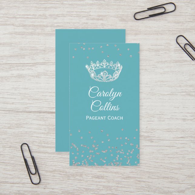 Aqua and Silver Pageant Coach Business Card (Front/Back In Situ)