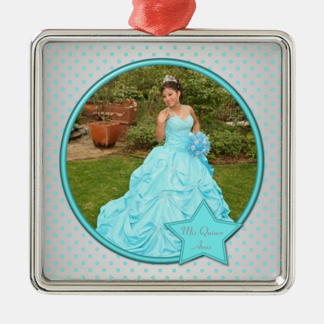 Aqua and Silver Polka Dot Photo Premium Ornament (Front)