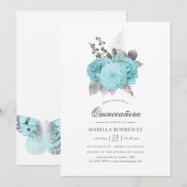 Aqua and Silver Vintage Shabby Roses Quinceañera Invitation (Front/Back)