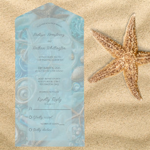 Aqua and Tan Sea Shells & Starfish All In One Invitation