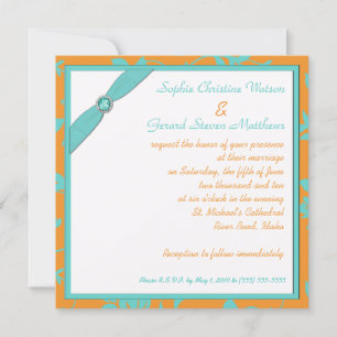 Aqua and Tangerine Square Monogrammed Invitation
