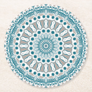 Aqua and Taupe Abstract Mandala Pattern Round Paper Coaster