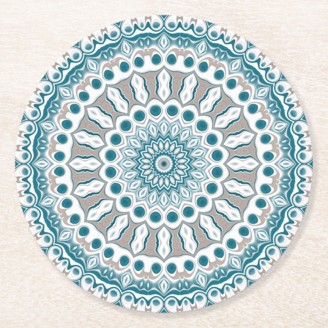 Aqua and Taupe Abstract Mandala Pattern Round Paper Coaster (Front)