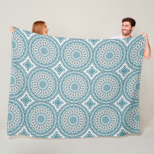 Aqua and Taupe Detailed Mandala Pattern Fleece Blanket (In Situ)