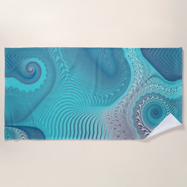 Aqua and Taupe Oceanic Swirls Abstract Beach Towel (Front)