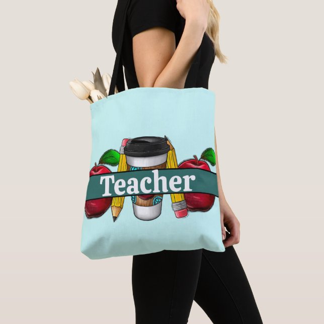 aqua and Teal Apples and Pencils Teachers Tote Bag (Close Up)