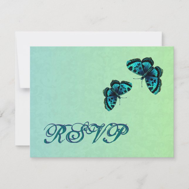 Aqua and Teal Butterfly Damask RSVP Wedding (Front)