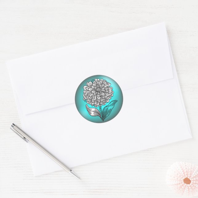 Aqua and Teal Flower Classic Round Sticker (Envelope)