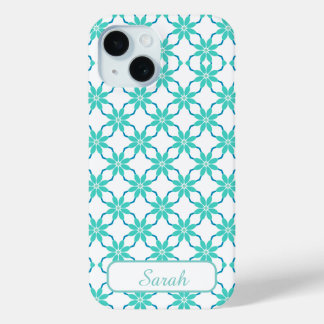 Aqua and Teal Geometric Floral Personalised Name iPhone 15 Case