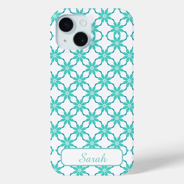 Aqua and Teal Geometric Floral Personalised Name Case-Mate iPhone Case (Back)