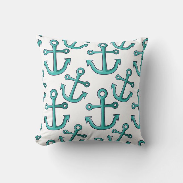Aqua and White Anchors Nautical Cushion (Front)