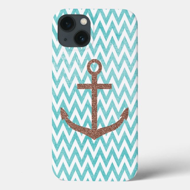 Aqua and White Chevron Glitter Anchor Case-Mate iPhone Case (Back)