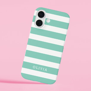 Aqua and White Classic Stripes Monogram iPhone 16 Case