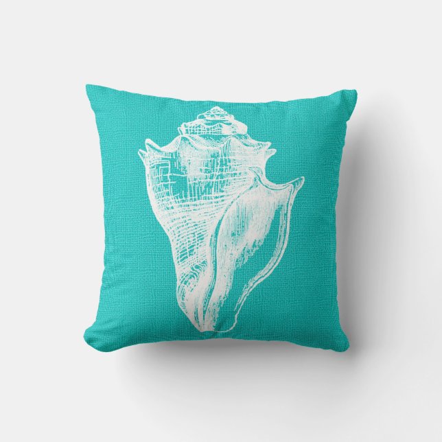 Aqua and White Crown Conch Shell Burlap Look Cushion (Front)