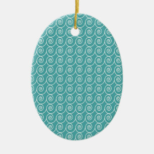 Aqua and White Curlie Cue Pattern Ceramic Tree Decoration