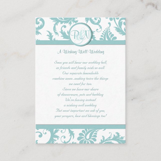 Aqua and White Damask Aqua Trim Wishing Well Enclosure Card (Front)