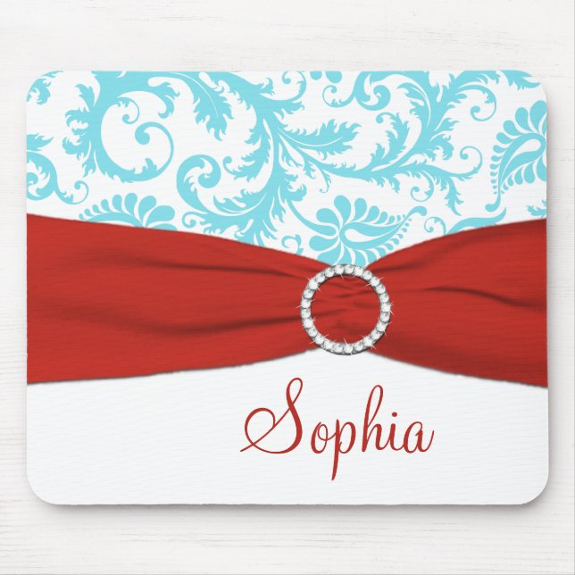 Aqua and White Damask, Faux Red Ribbon Mousepad (Front)
