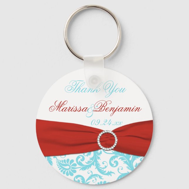 Aqua and White Damask with Red PRINTED Ribbon Key Ring (Front)
