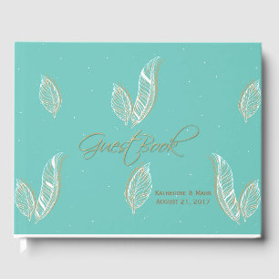 Aqua and White Feathers Wedding Guest Book