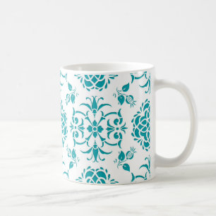 Aqua and White Floral Damask Pattern Coffee Mug