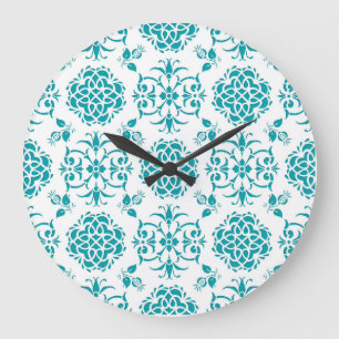 Aqua and White Floral Damask Pattern Large Clock