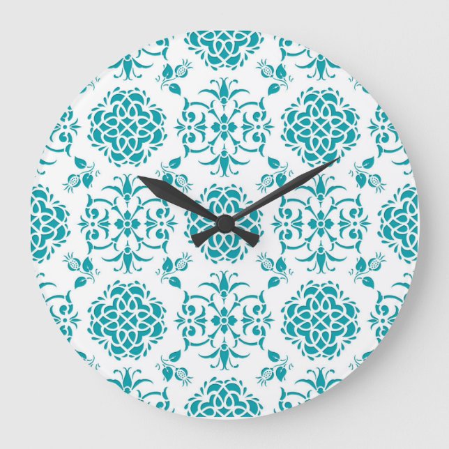 Aqua and White Floral Damask Pattern Large Clock (Front)