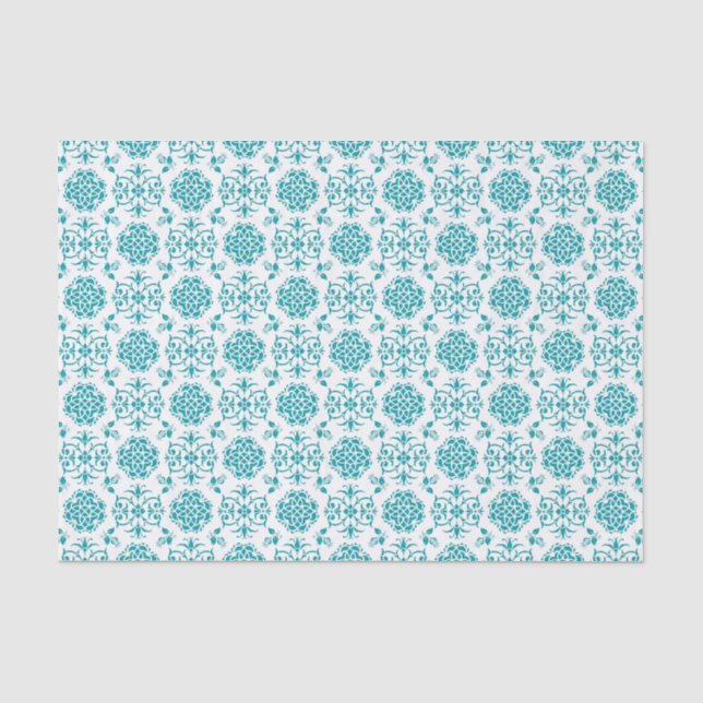 Aqua and White Floral Damask Pattern Tissue Paper (Front)