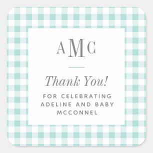 Aqua and White Gingham Monogram Thank You Square Sticker