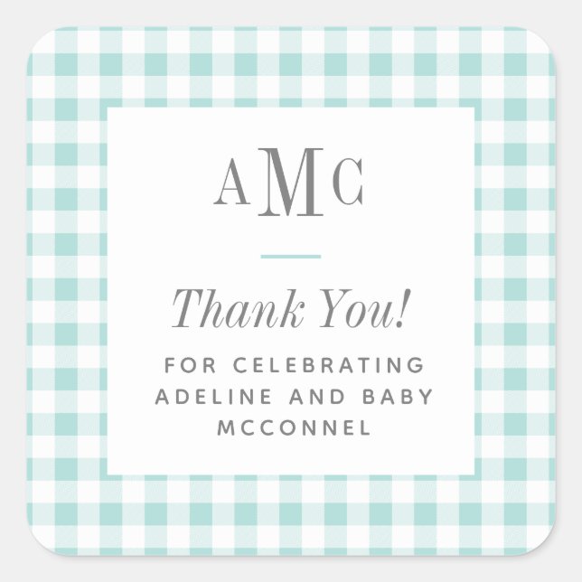 Aqua and White Gingham Monogram Thank You Square Sticker (Front)